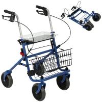 HOMCOM Déambulateur 4 roues pliable, rollator en acier inoxydable, siège rembourré en PU, poignée réglable, bleu(m-18)
