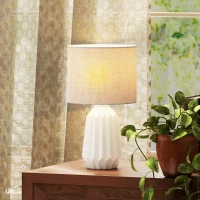 HOMCOM Lampe de Table avec Base en Céramique et Abat-Jour en Lin, Lampe de Chevet avec Interrupteur, Culot E27, Blanc et Beige(m-11)