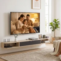 HOMCOM Móvel de TV suspenso, móvel de TV para TV até 75 polegadas (190,5 cm), gaveta rebatível 2 prateleiras 180x24x16cm madeira natural(m-5)