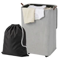 HOMCOM Cesto de Ropa Sucia con Tapa y Ruedas 50L Cesta de Ropa Sucia Plegable con Bolsa con Cordón Extraíble 40x30x65 cm Gris(m-11)