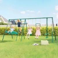 AIYAPLAY 5-in-1 Schaukelgestell mit verstellbarer Nestschaukel Turnringe Doppelsitzer Klettergerüst für 3-8 Jahre 440x175x203 cm(m-2)