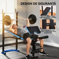 HOMCOM Bancă Multifuncțională cu Suport pentru Haltere și Spătar Reglabil, din Oțel și PU, 155x56.5x120 cm, Negru și Albastru(m-6)