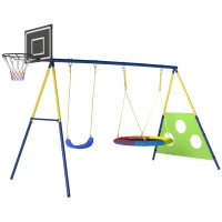 AIYAPLAY Schaukelgestell 4-in-1 Schaukel-Set bis 150 kg mit Nestschaukel Basketballkorb Fußballtor U-Schaukel 288 x 160 x 220 cm(m-1)