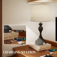 HOMCOM Set of Two Three-Colour Lamps, with USB Ports - Black/Beige(m-5)