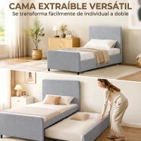 HOMCOM Cama Nido Individual 90x190 cm Estructura de Cama Tapizada en Lino con Cabecero y Piecero Listones de Madera Gris Claro(m-4)