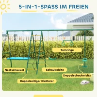 AIYAPLAY 5-in-1 Schaukelgestell mit verstellbarer Nestschaukel Turnringe Doppelsitzer Klettergerüst für 3-8 Jahre 440x175x203 cm(m-4)