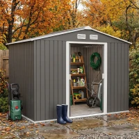 Outsunny 9 x 6FT Outdoor Garden Roofed Metal Storage Shed Tool Box with Foundation Ventilation & Doors Light, Grey(m-13)