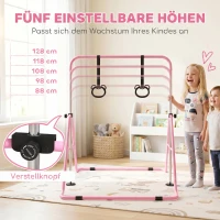 HOMCOM Kinder-Turnbarren mit Ringen, höhenverstellbar, klappbar, rutschfest, Stahlrahmen, 148x105x88-128 cm, Pink(m-4)