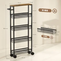 HOMCOM Keukentrolley serveertrolley 5 niveaus, rolwagen keukenrek met werkblad, wielen & greep, 47 x 13 x 96,5 cm, zwart(m-3)