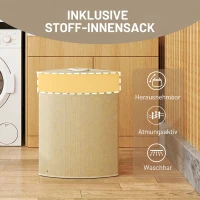HOMCOM Wäschekorb im Eckdesign, Bambusgeflecht, 55 Liter, Stoffbeutel, Metallrahmen, Creme(m-6)