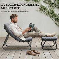 Outsunny Loungesessel Outdoor Balkonsessel mit Hocker 13 cm dicker Auflage rutschfesten Füßen Dunkelgrau(m-4)
