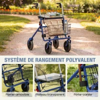 HOMCOM Déambulateur 4 roues pliable, rollator en acier inoxydable, siège rembourré en PU, poignée réglable, bleu(m-6)