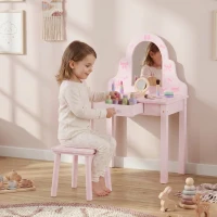 AIYAPLAY Set masă de machiaj 2-în-1 masă de coafat/birou cu taburet oglindă detașabilă sertar pentru fete 3-6 ani Roz(m-2)