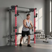 SPORTNOW Power Cage Pieghevole, Rack con Barra Trazioni e Sistema Puleggia Cavi, Rosso(m-8)