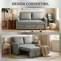 HOMCOM 3 în 1 Canapea Extensibilă 2 Locuri cu Spătar Reglabil pe 3 Poziții, 2 Perne, Material Textil Tip In Gri(m-4)
