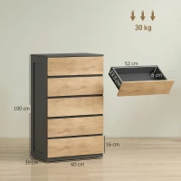 HOMCOM Comodă cu 5 Sertare din Lemn, cu Șine Metalice și Mânere Decupate, 60x39x100 cm(m-3)