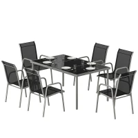 Set mobilier de grădină Outsunny, 7 piese, cu 6 scaune stivuibile din Textilenă și masă cu blat din sticlă, Negru și Argintiu(m-12)