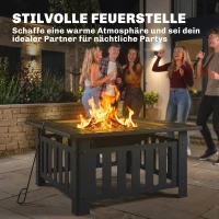 Outsunny Vuurschaal van Staal - Vuurkorf met Vonkenscherm en Pook - Voor Outdoor BBQ of Camping - 67x67x47cm - Zwart(m-9)