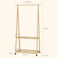 HOMCOM Cuier din Bambus cu Raft pentru Încălțăminte, 2 Cârlige, Cuier Mobil pentru Hol, Sufragerie, Natural(m-3)