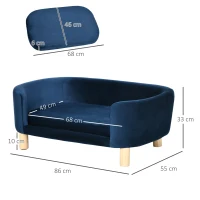 PawHut Hundesofa Hundebett aus holländischem Samt Hundecouch mit Rückenlehne, Holzbeine, Kissen Blau(m-3)