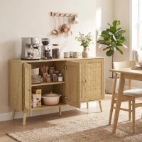 HOMCOM Rotan sideboard met 4 deuren, boho keukenbuffet met 2 verstelbare legplanken, houtlook natuur(m-2)