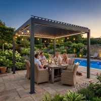 Outsunny 3 x 3(m) Electric Louvered Pergola with LED Lights, Aluminium Pergola Hardtop Gazebo with Remote, Adjustable Roof and Drainage System, Water and UV Proof(m-10)
