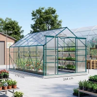 Outsunny 8 x 12ft Aluminium Greenhouse Polycarbonate Walk in Garden Greenhouse Kit with Adjustable Roof Vent, Double Sliding Door, Rain Gutter and Foundation, Clear(m-3)