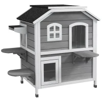 PawHut Casetta per Gatti da Esterno con Tetto Apribile, 2 Piani, 4 Ingressi, Base rialzata, in Legno di Abete, Grigio(m-1)