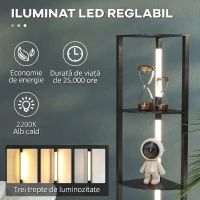 HOMCOM Lampadar Coloană din MDF cu 4 Rafturi și Iluminare LED de 3000K, 41x29.5x163.5 cm, Negru(m-5)