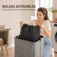 HOMCOM Cesto de Ropa Sucia con Tapa y Ruedas 50L Cesta de Ropa Sucia Plegable con Bolsa con Cordón Extraíble 40x30x65 cm Gris(m-7)