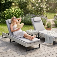 Outsunny 3-piece PE Rattan Sun Lounger Set with Adjustable 5-Position Recliner, Patio Chaise Lounge Chair Set with Cushions, Headrests, Glass Top Square Coffee Table, Light Grey(m-13)