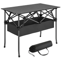 Outsunny Klappbarer Rollbarer Picknicktisch Tragbarer Campingtisch mit Netzablage und Tragetasche für den Außenbereich, Schwarz(m-12)