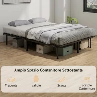 HOMCOM Letto Matrimoniale Industriale a 28 Doghe con Spazio Contenitore, in Legno e Acciaio, 190x140x31 cm, Nero e Legno(m-5)