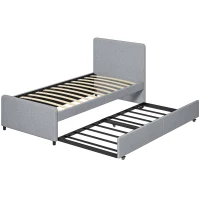 HOMCOM Cama Nido Individual 90x190 cm Estructura de Cama Tapizada en Lino con Cabecero y Piecero Listones de Madera Gris Claro(m-1)