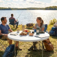 Outsunny Masă de Camping Rotundă Pliabilă, din Metal și HDPE, 120x120x74 cm, Alb(m-7)