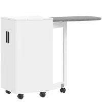 HOMCOM Mobilier pentru Masa de Călcat Pliabil cu Roți, Raft Reglabil și Închidere Soft Close, din Lemn și Material Textil, 128x43x83 cm, Alb(m-1)