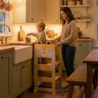 AIYAPLAY Toddler Step Stool, Standing Tower with Chalkboard, 3-in-1 Fox-Shaped Step Stool for Kitchen Counter, Natural(m-10)
