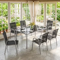 Set mobilier de grădină Outsunny, 7 piese, cu 6 scaune stivuibile din Textilenă și masă cu blat din sticlă, Negru și Argintiu(m-8)