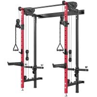 SPORTNOW Power Cage Pieghevole, Rack con Barra Trazioni e Sistema Puleggia Cavi, Rosso(m-11)