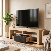 HOMCOM Lowboard RTV do telewizorów do 165,1 cm, nowoczesna szafka RTV z regulowanymi półkami szklanymi, dąb(m-7)