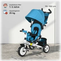 HOMCOM Kinder-Dreirad, Kinderfahrrad, Rückenkorb, Becherhalter, Sonnendach, Metall, Blau(m-3)