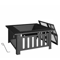 Outsunny Vuurschaal van Staal - Vuurkorf met Vonkenscherm en Pook - Voor Outdoor BBQ of Camping - 67x67x47cm - Zwart(m-10)