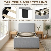 HOMCOM Cama Nido Individual 90x190 cm Estructura de Cama Tapizada en Lino con Cabecero y Piecero Listones de Madera Gris Claro(m-6)