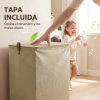 HOMCOM Cesto de Ropa Sucia con Tapa y Ruedas 50L Cesta de Ropa Sucia Plegable con Bolsa con Cordón Extraíble 40x30x65 cm Camel(m-6)