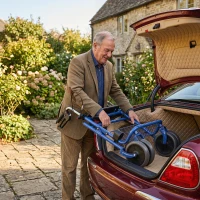 HOMCOM Déambulateur 4 roues pliable, rollator en acier inoxydable, siège rembourré en PU, poignée réglable, bleu(m-11)
