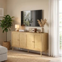 HOMCOM Aparador de Ratán con 4 Puertas Aparador de Cocina Boho con 2 Estantes Ajustables Acabado Madera Natural(m-4)