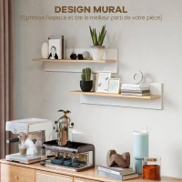 HOMCOM Lot de 2 étagères murales de 80 cm, étagères flottantes pour salon, entrée, chambre et cuisine, blanc et bois naturel(m-5)