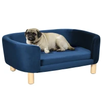 PawHut Hundesofa Hundebett aus holländischem Samt Hundecouch mit Rückenlehne, Holzbeine, Kissen Blau(m-12)