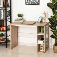 HOMCOM Birou Modern din Lemn cu Raft cu 3 Etaje, 100x44x74cm, Alb și Stejar(m-6)