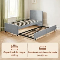 HOMCOM Cama Nido Individual 90x190 cm Estructura de Cama Tapizada en Lino con Cabecero y Piecero Listones de Madera Gris Claro(m-3)